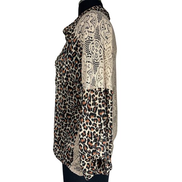 Shyanne Cheetah Print Lace Western Blouse Top Tie Front Roll Tab Sleeve Size XL - Picture 5 of 12